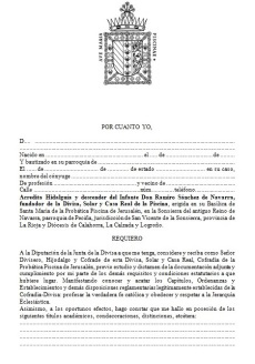 Primera página de la solicitud de ingreso en la Divisa, Solar y Casa Real de la Piscina